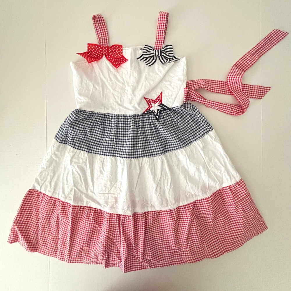 Blueberi Boulevard Girls 8 Patriotic Stars Stripes Dress Gingham Eyelet USA EUC